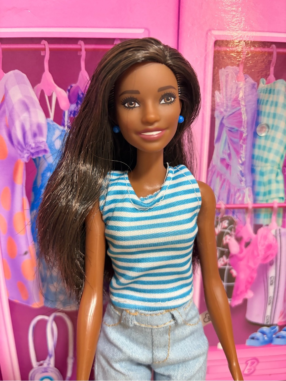 Barbie Brown-Long Hair Doll with Blue & White Striped Top
